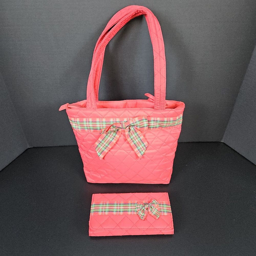 Unbranded Red Quilted 100% Cotton Purse & Wallet Combo NWOT Plaid Accent & Bow